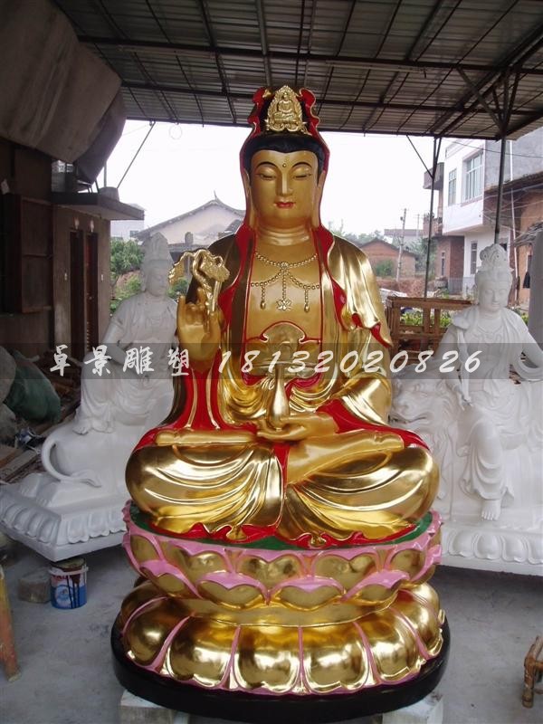坐式觀音雕塑，玻璃鋼貼金彩繪觀音