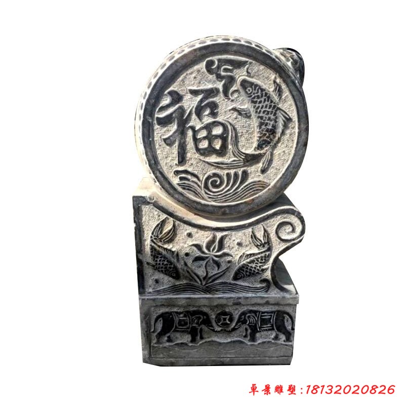 青石仿古福魚(yú)浮雕門(mén)墩