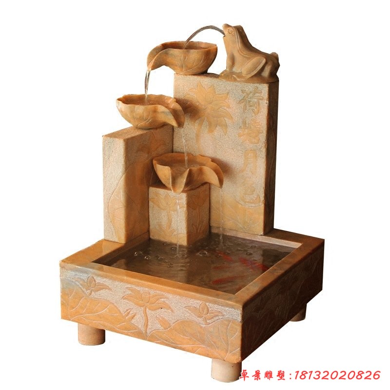 晚霞紅荷塘月色流水?dāng)[件，庭院流水石缽