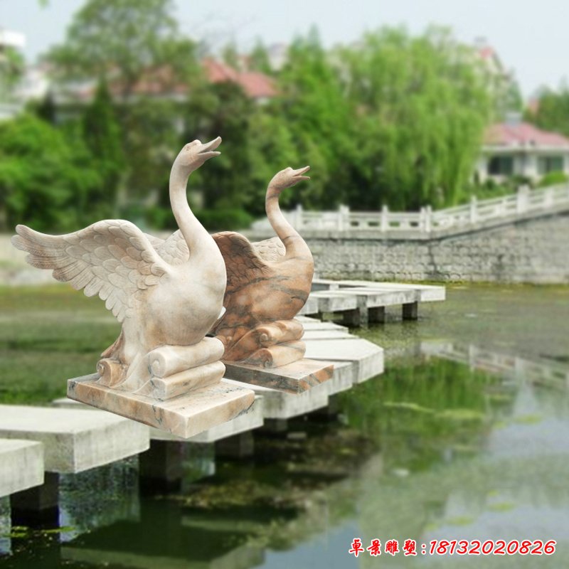 晚霞紅噴水天鵝，公園景觀石雕 (2)