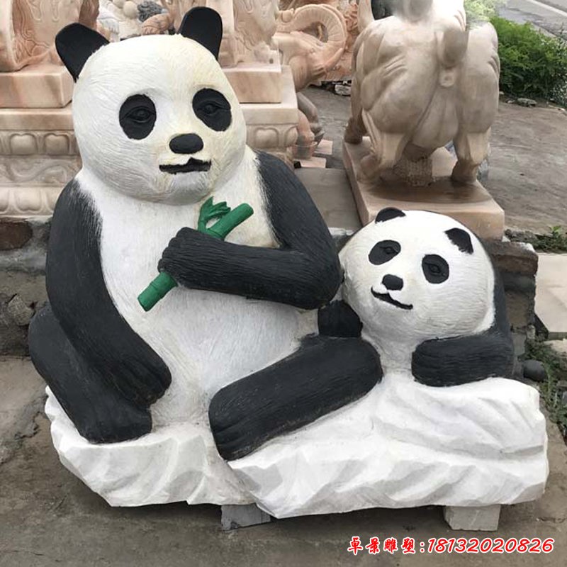 母子熊貓石雕，公園動物石雕